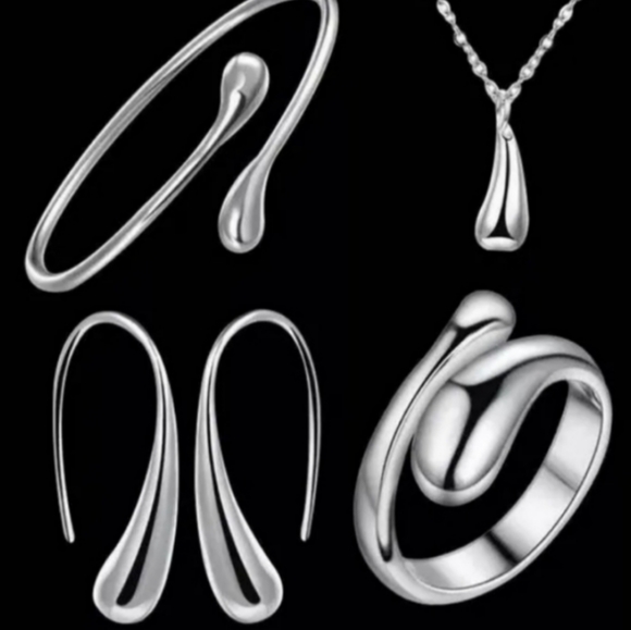 925 Sterling Silver Waterdrop Jewelry Set Bracelet Necklace Earrings Ring - Picture 6 of 16